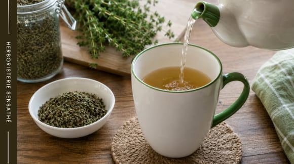 Tisane de thym pour soulager les maux de gorge de l'angine et la gorge irritée - Herboristerie Sensathé